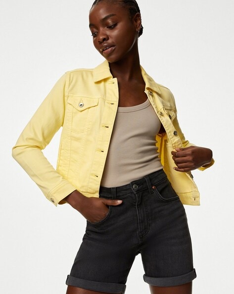 Belliskey Women's Golden Muster Solid Crop length Denim Jacket – F2FMART.com