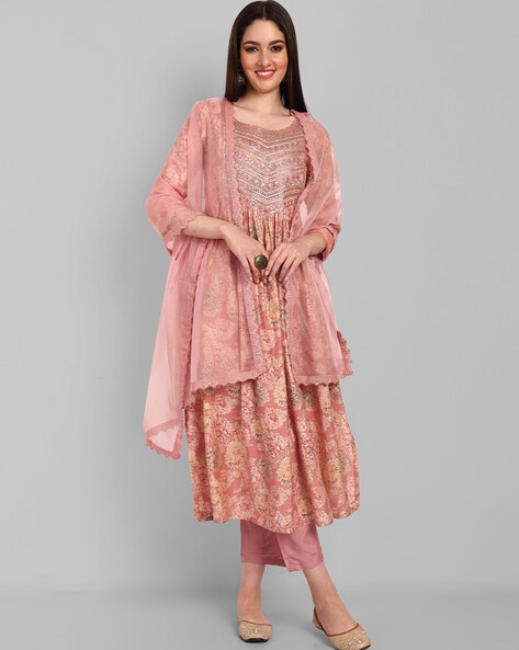 Embroidered A-Line Kurta Set with Dupatta