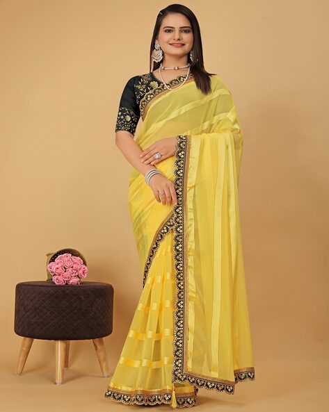 Buy Via East Gold And Silver Striped Silk Chanderi Saree with Unstitched  Blouse online