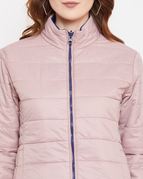 Light weight women's puffer Navy blue zipper jacket for winter