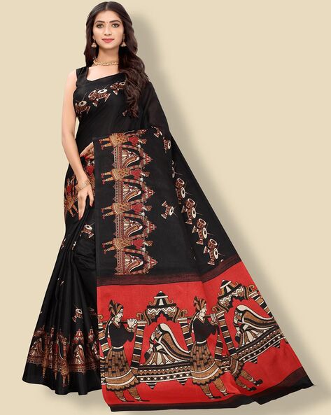 Kalamkari cotton saree black and green with allover prints and printed –  Prashanti Sarees