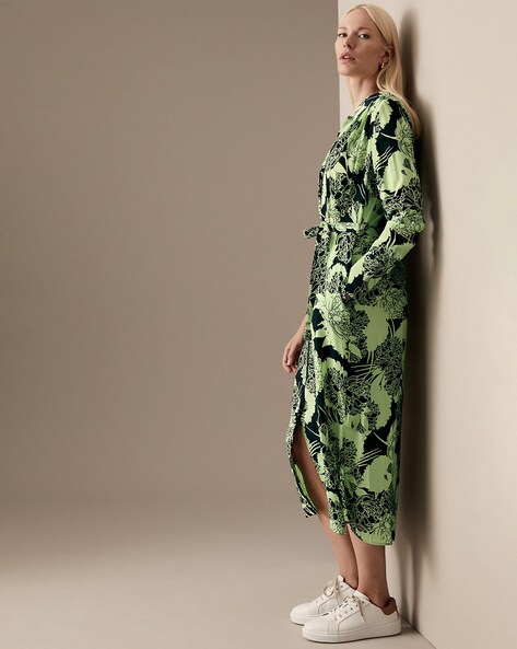 Green snake print tie waist outlet dress