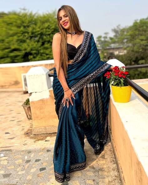 Embellished Satin Chiffon Saree in Dark Teal Blue : SFVA2309