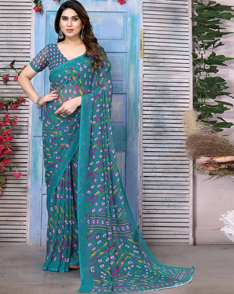 Blue Bandhani Print Georgette Sequins Saree With Blouse Fabric – Tirumala  Designers