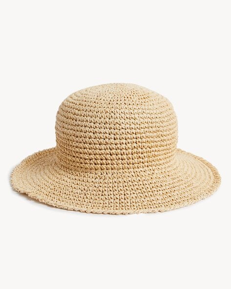 Marks & Spencer Women Packable Crochet Bucket Hat For Women (Beige, L)