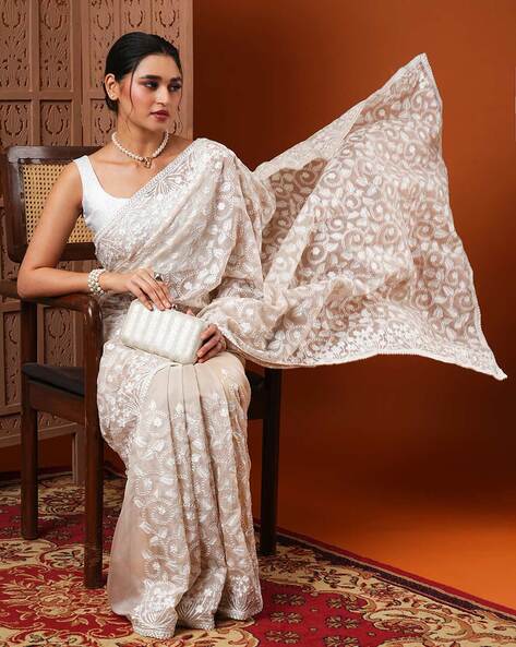 Cream Floral Bougainvillea Saree With Sequinned Shibori Blouse