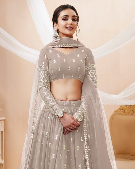 new multi color grey and golden lehenga choli with solid semi stitched  lehenga and unstitched blouse with dupatta shopgarb – Shopgarb Store