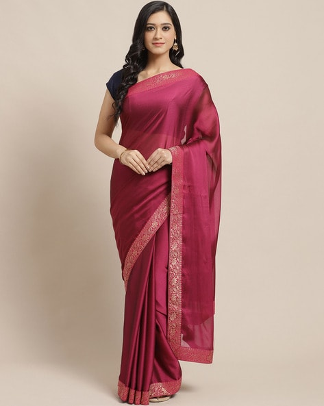 Satin & Tissue Silk Saree Plain and Emboirdered Lace Border with  Embroidered Blouse » BRITHIKA Luxury Fashion
