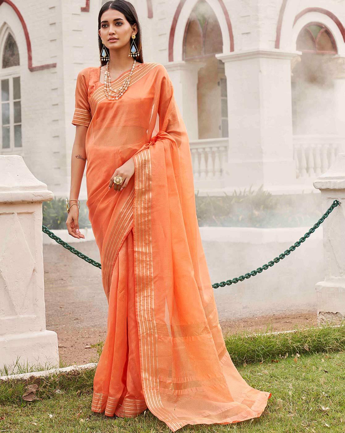 Soft Slub Silk Golden Zari Orange Saree with Matching Blouse