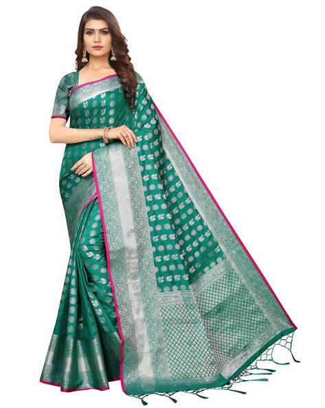 Olive Green Ombré Pure Tussar Georgette Silk Banarasi Handloom Saree - Tilfi