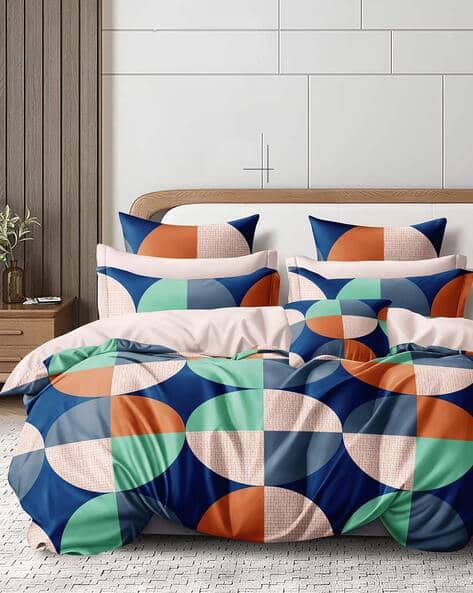 Cortina Eyelet Curtain 120 TC Geometric Print Queen Bedsheet & Pillow Covers