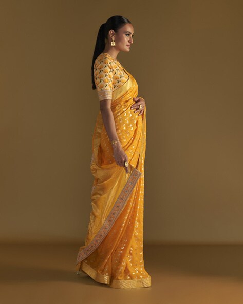 Shop Stunning Mango Yellow Embroidered Organza Saree Online in USA – Pure  Elegance