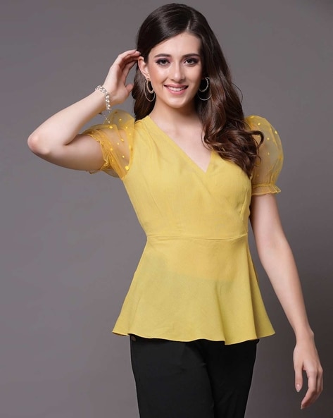 Alfani Womens Poet Sleeve Tunic Blouse, Yellow, 10 India