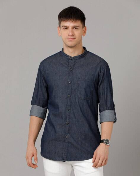 Mandarin-Collar Shirt with Roll-Up Sleeves