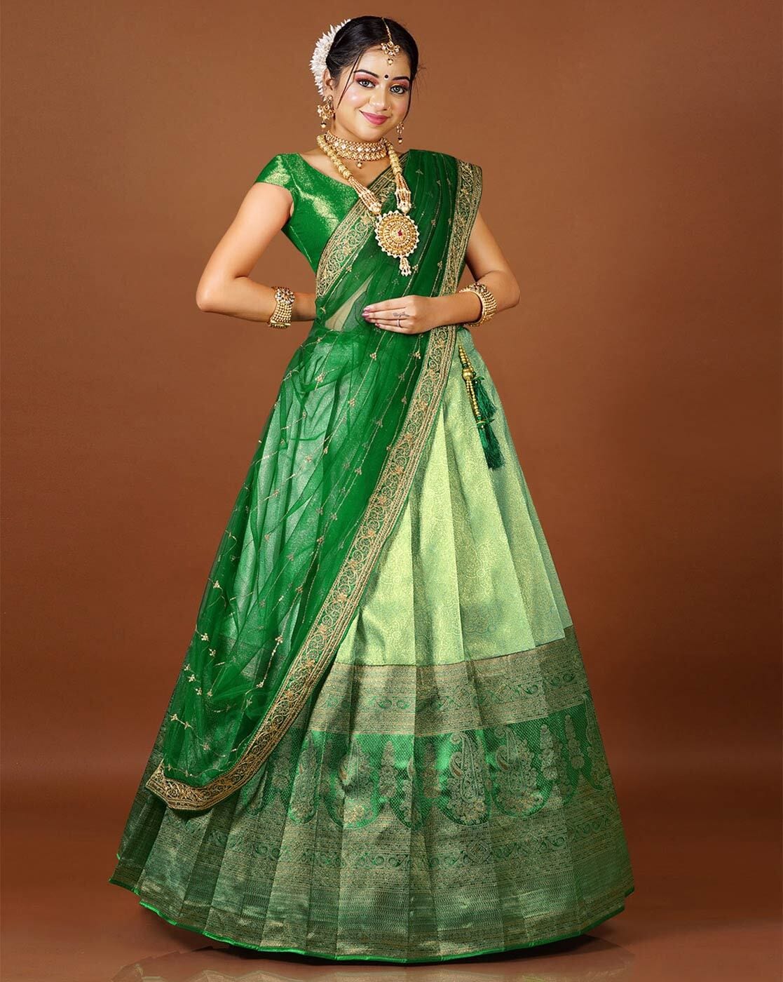 Red Banarasi silk Zari Half saree with Green color dupatta with Unsttiched  blouse - ShopGarb - 4073484