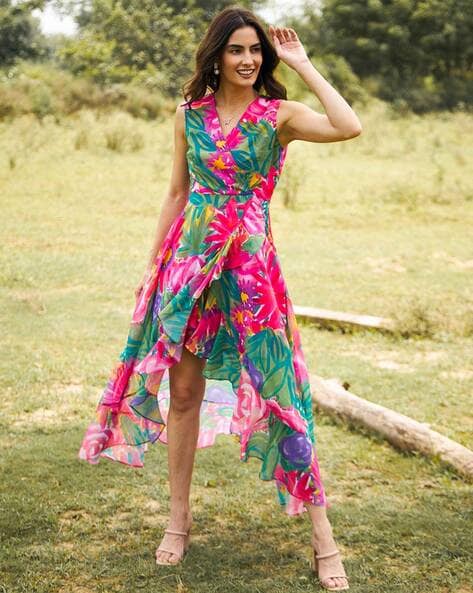 MABISH by Sonal Jain Women Pink & Green Printed Midi Fit & Flare Dress