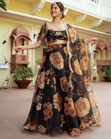 Embroidery Machine Black Golden Georgette Lehenga Choli at Rs 4833 in Surat