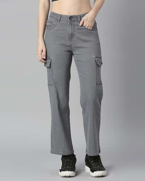 Buy WIDE LEG LOW-RISE GREY CARGO JEANS for Women Online in India