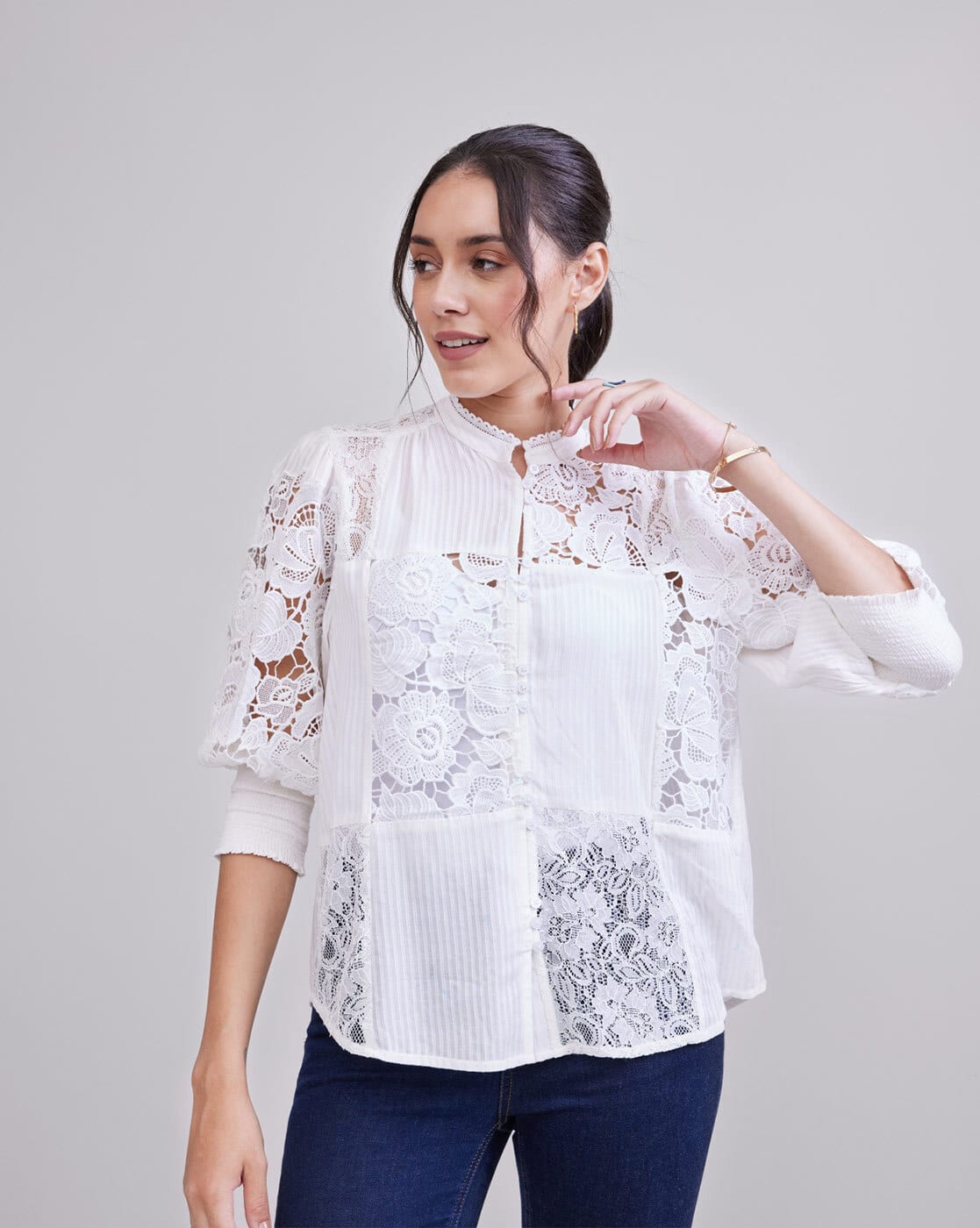 STYLE ISLAND Lace Top with Cuffed Sleeves For Women (White, XS 
