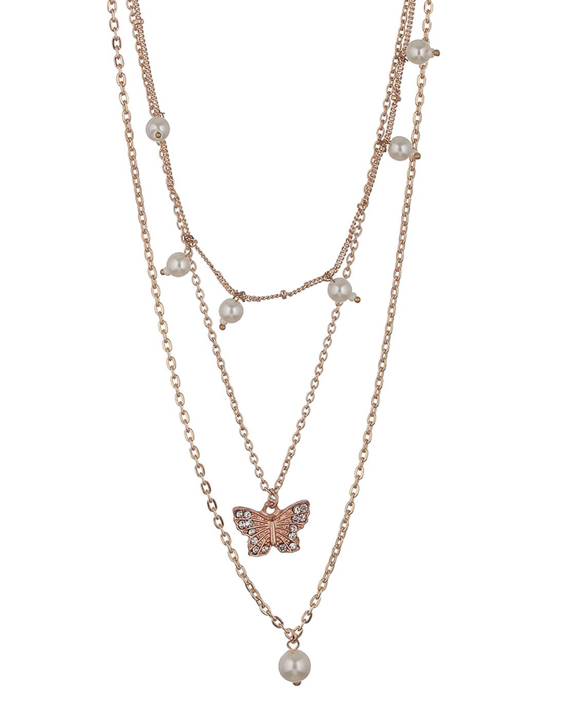 Gold-Plated Butterfly Pearl Hanging Layered Necklace
