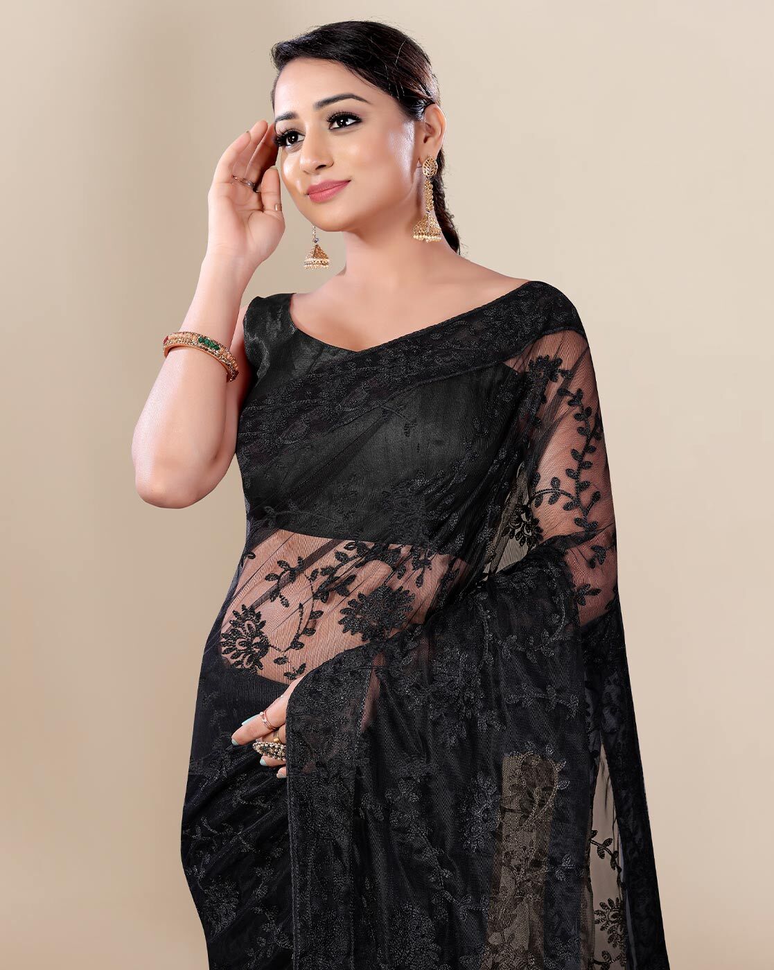 DESIGNER GEORGETTE SEQUENCE EMBROIDERY LACE SAREE WITH UNSTITCHED BLOUSE  BLACK – Ethnicgarment