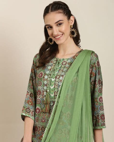 SHOWOFF Floral Print Straight Kurta with Pants & Dupatta