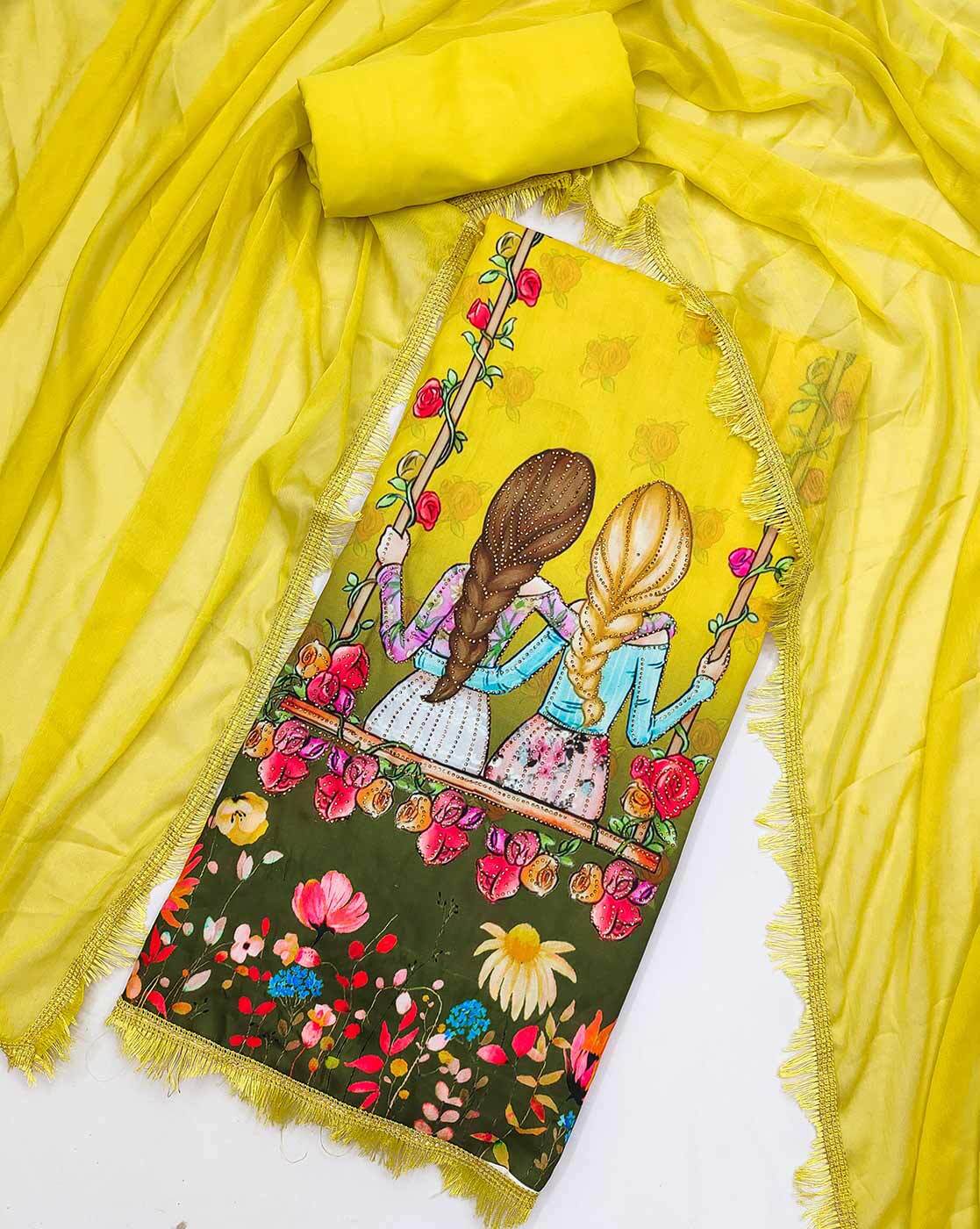 Buy Kimisha Women's Yellow South Slub Cotton Handwork Dress Material With  Banarasi Dupatta(KRNXNAARI1004; Free Size) at Amazon.in