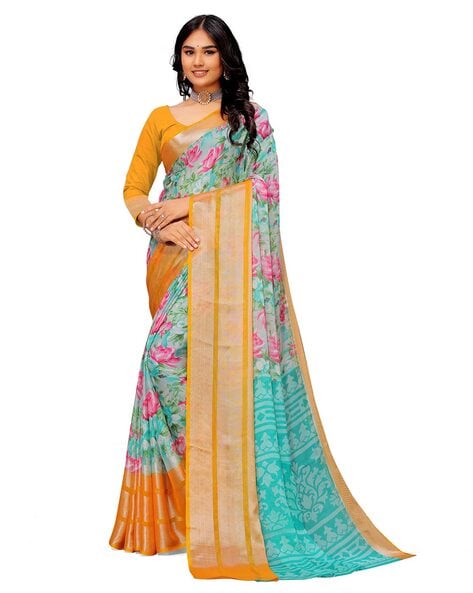 Vishal Prints Golden Yellow Chiffon Saree With Embroidery Work And Fan