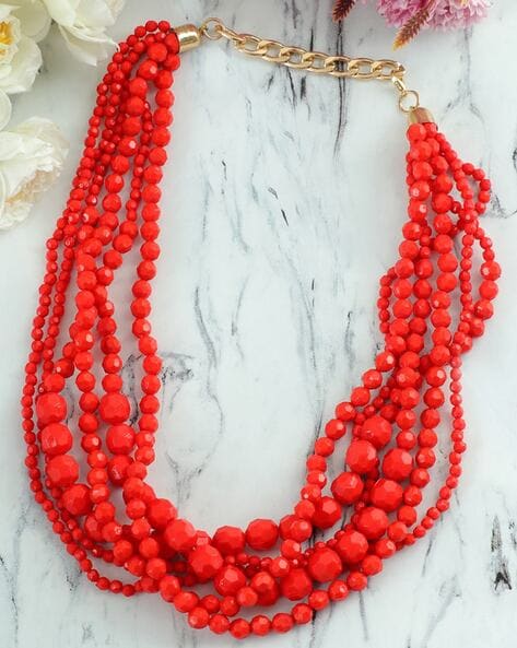 Red multi strand beaded on sale necklace