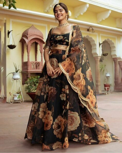 Black Floral Printed Semi-Stitched Lehenga Choli with Sequence embroidery  Work With Dupatta - ShopGarb - 4148898