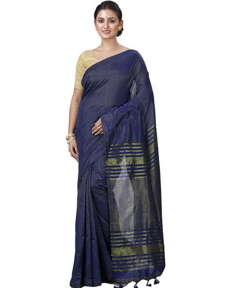 Dark Blue Coloured Cotton Jari Border Saree with Blouse!! – Royskart