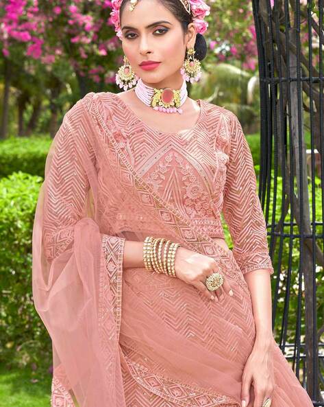 Peach Color Soft Net Lehenga with Thread and Zari Work