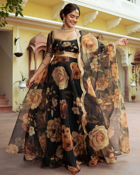 Buy Women's Black Gold Semi-Stitched Embroidered Silk Blend Lehenga Choli  Online In India At Discounted Prices