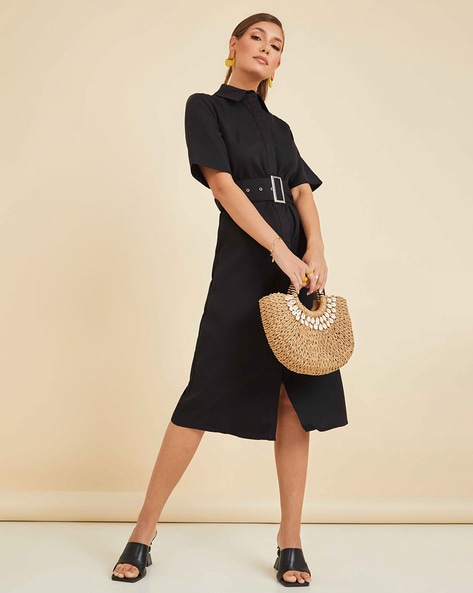 Buy Black Cotton Plain Round A-line Midi Dress For Women by Samyukta  Singhania Online at Aza Fashions.