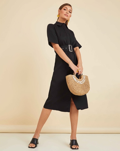 Midi dress in cotton with short sleeves - Black - Sz. 42-60 - Zizzifashion