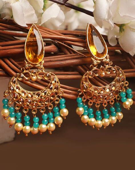 anika%27s creation green %26 gold toned chandbali gold plated stone studded pearl chandbali earrings