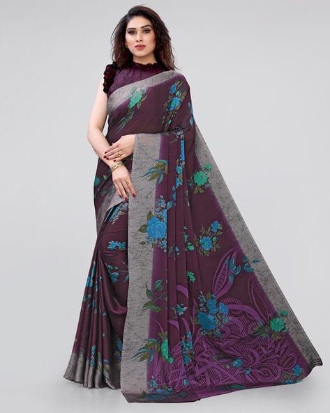 Women Plain Weave Chiffon Floral Printed Saree with Blouse Piece – Mirchi  Fashion