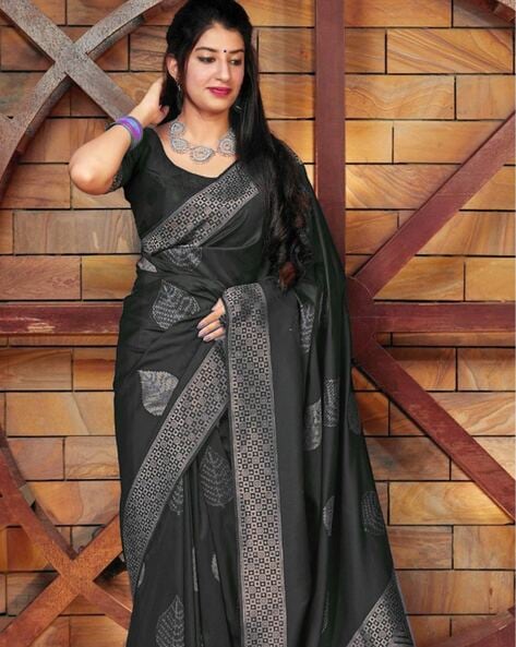 Caviar Black Woven Banarasi Silk Saree – Zari Banaras