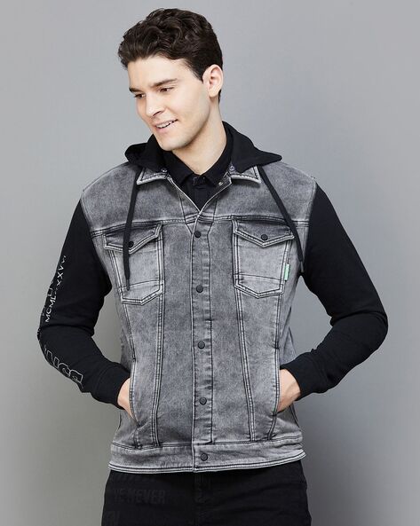 Men's Slim Fit Black Denim Jacket with Hood - GB182