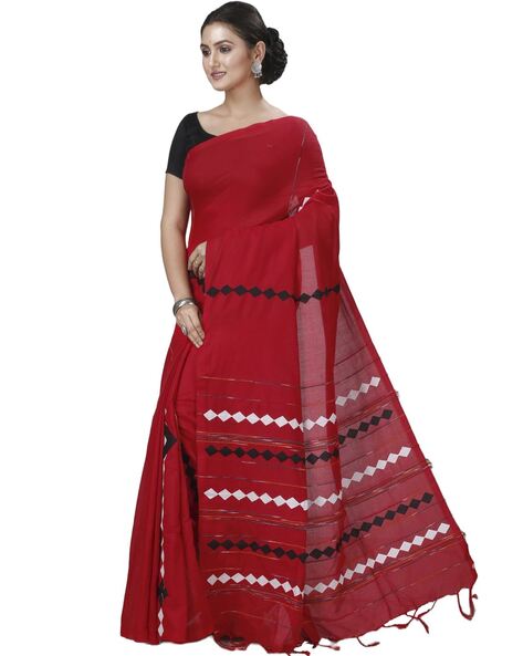 Handloom Tant Saree - Red With Violet Par - ArtisanSoul