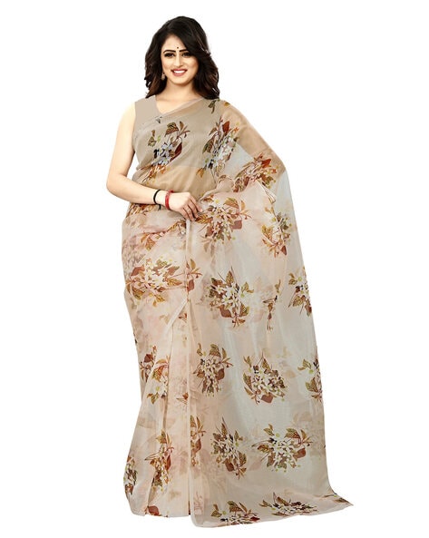 Beige Casual Wear Floral Printed With Weaving Sequence Organza Saree