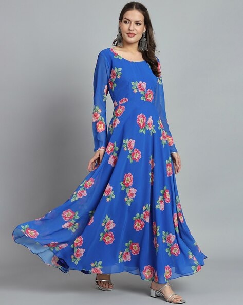 Blue Hills Shine Rayon With Folg Print Frill Style Long Frock Type Casual  Wear Kurtis Wholesale