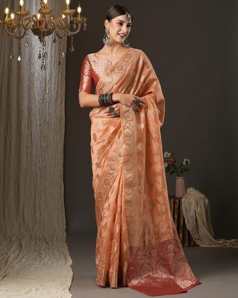 Peach Zari Woven Floral Saree In Banarasi Silk 4780SR28