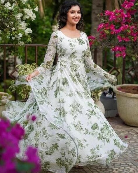 Organza Floral Print Ladies Designer Gown, White at Rs 750 in Surat