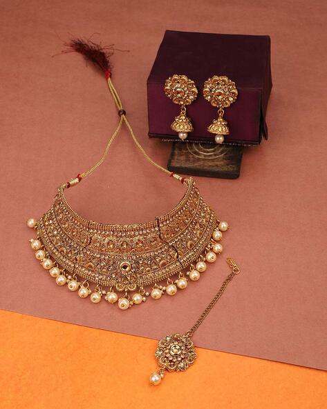 Golden Alloy Beads Choker Necklace With Earring Set - Daraz India