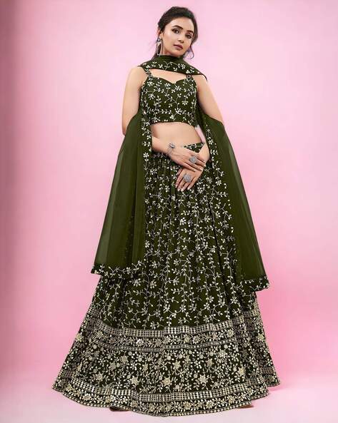 FABPIXEL Green & Pink Embroidered Sequinned Shibori Semi-Stitched Lehenga &  Unstitched Blouse With Dupatta - Absolutely Desi