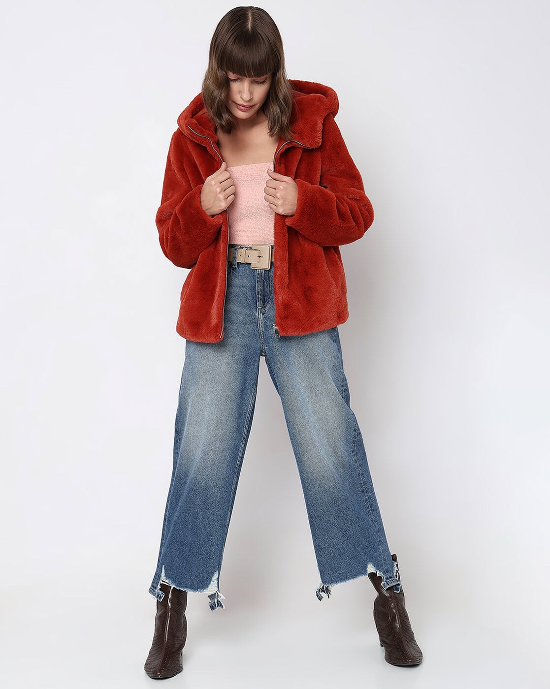 Buy Vero Moda Zip-Front Fur Jacket Online | Ajio.com