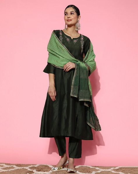 Embroidered A-Line Kurta with Pants & Dupatta Price in India