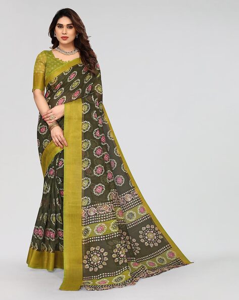 Tissue Lace Border and Print Work Mehendi Green Designer Silk Saree with  Double Blouse at Rs 3300 in Ahmedabad