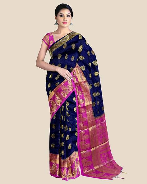 Shop Online Blue Embroidered Work Jute Silk Traditional Designer Saree :  70447 -